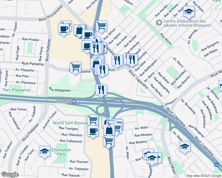 map of restaurants, bars, coffee shops, grocery stores, and more near 7055 Boulevard Taschereau in Brossard