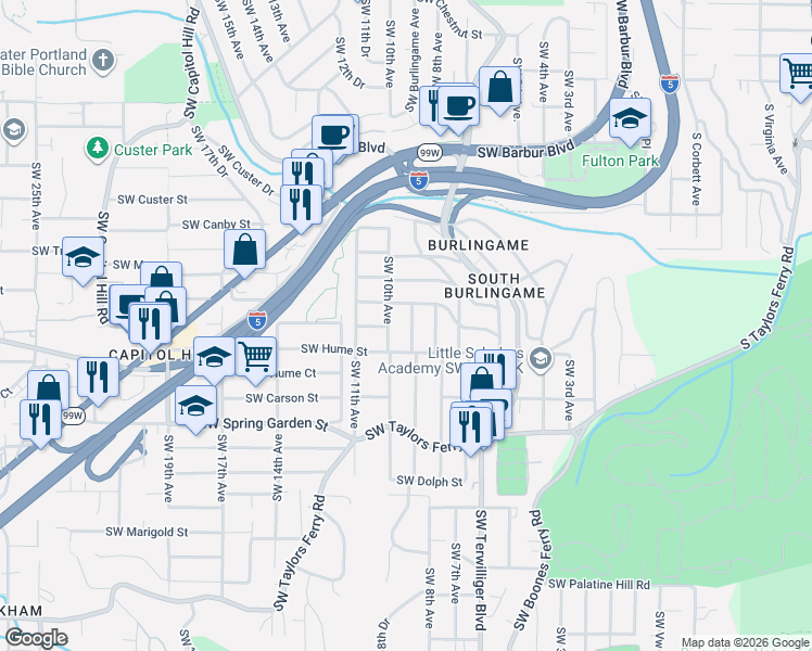 map of restaurants, bars, coffee shops, grocery stores, and more near 8015 Southwest 9th Avenue in Portland