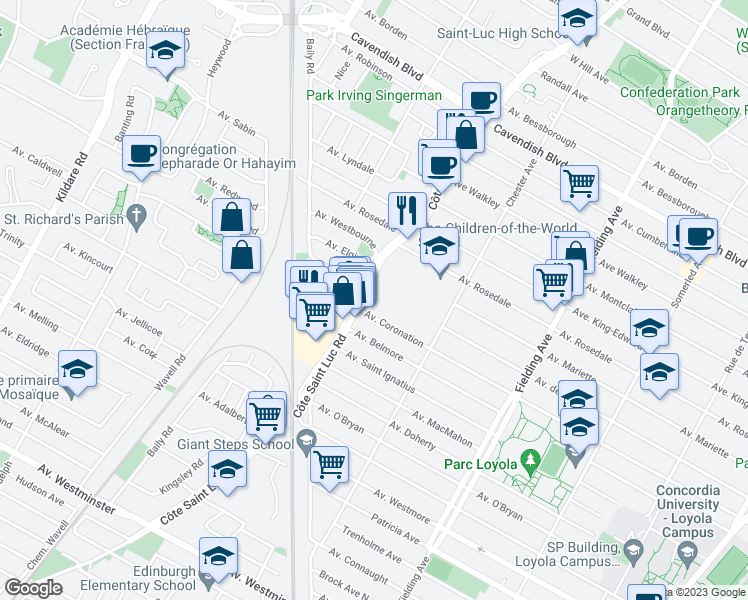 map of restaurants, bars, coffee shops, grocery stores, and more near 6980 Chemin de la Côte Saint Luc in Montréal