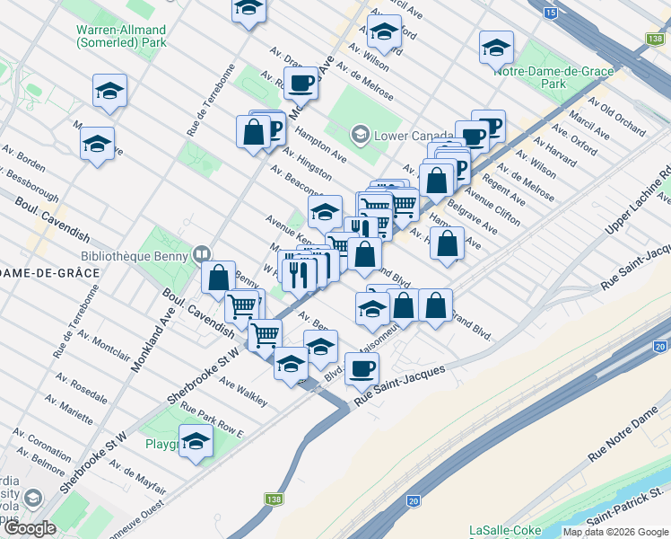 map of restaurants, bars, coffee shops, grocery stores, and more near 6253a Rue Sherbrooke Ouest in Montréal