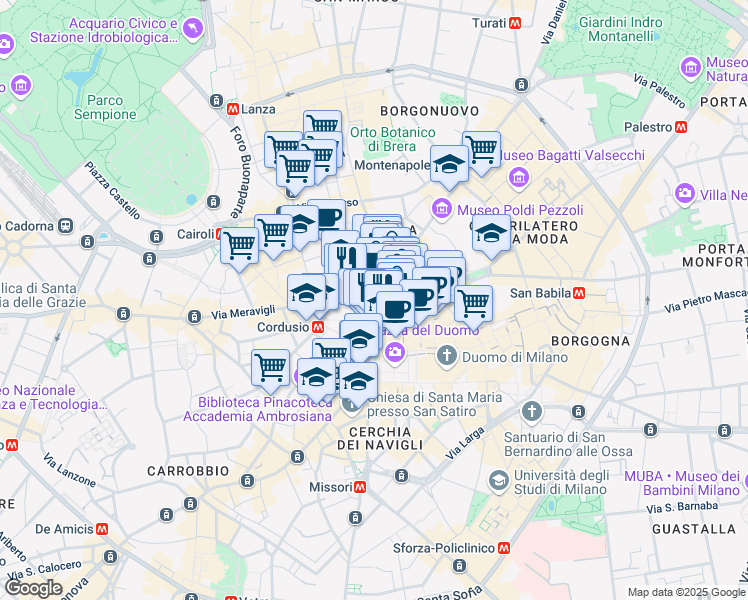 map of restaurants, bars, coffee shops, grocery stores, and more near 14 Via Santa Margherita in Milano