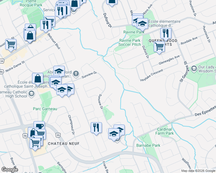 map of restaurants, bars, coffee shops, grocery stores, and more near 1625 Sunview Drive in Ottawa