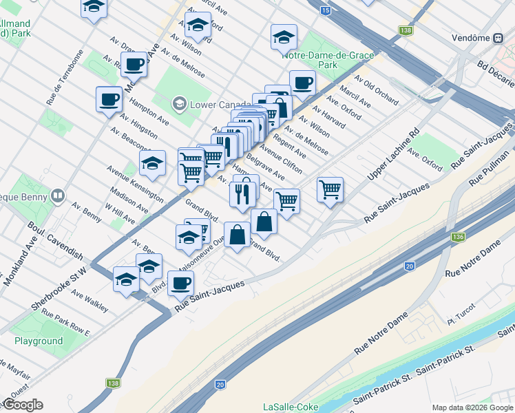 map of restaurants, bars, coffee shops, grocery stores, and more near 2218 Avenue Hingston in Montréal