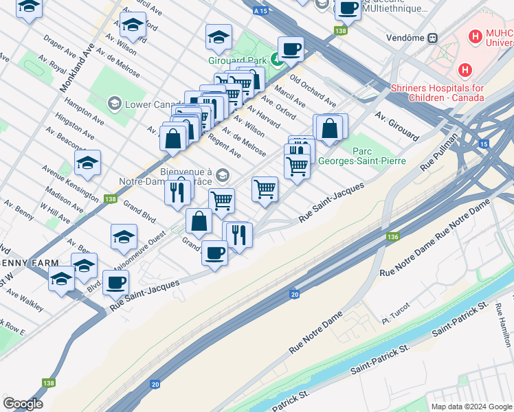 map of restaurants, bars, coffee shops, grocery stores, and more near 2034 Avenue Belgrave in Montréal