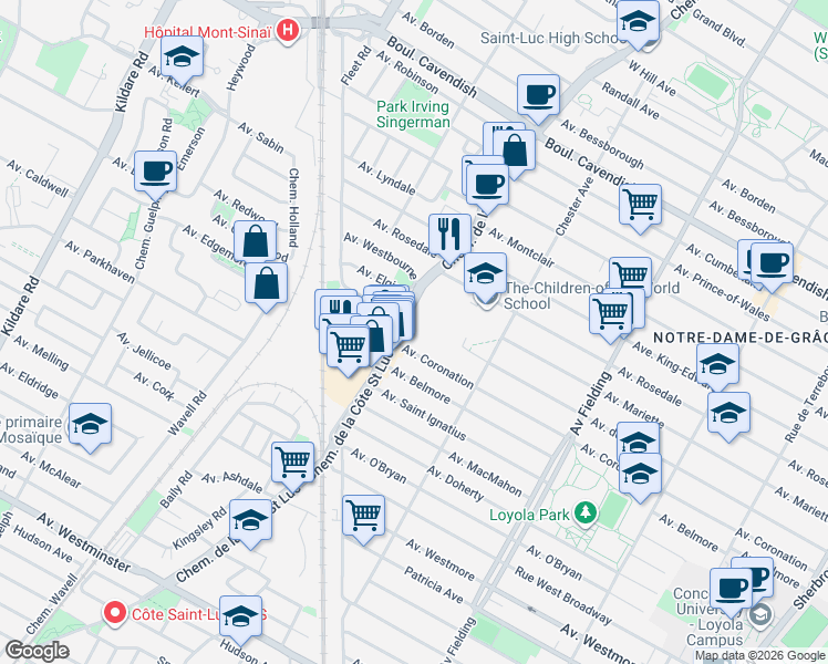 map of restaurants, bars, coffee shops, grocery stores, and more near 6980 Chemin de la Côte Saint Luc in Montréal