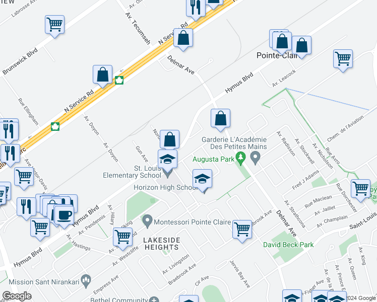 map of restaurants, bars, coffee shops, grocery stores, and more near 83 Avenue Eastview in Pointe-Claire