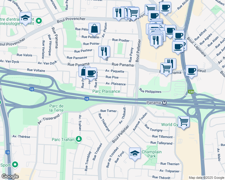 map of restaurants, bars, coffee shops, grocery stores, and more near 6865 Rue Patenaude in Brossard