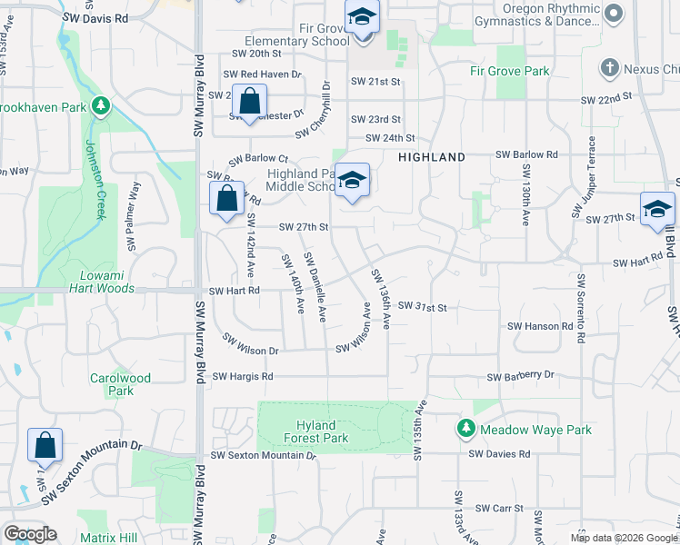 map of restaurants, bars, coffee shops, grocery stores, and more near 13825 Southwest Hart Road in Beaverton