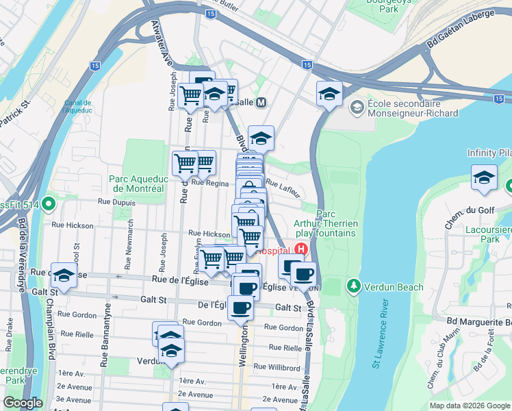 map of restaurants, bars, coffee shops, grocery stores, and more near 3758 Rue Wellington in Montréal