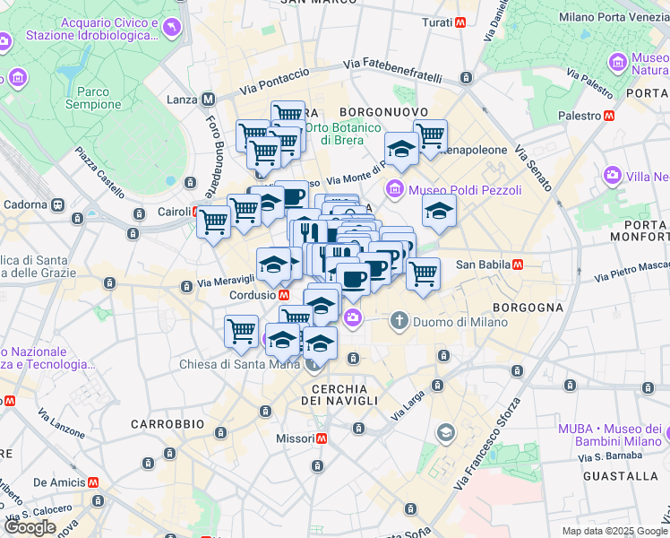 map of restaurants, bars, coffee shops, grocery stores, and more near 16 Via Santa Margherita in Milano