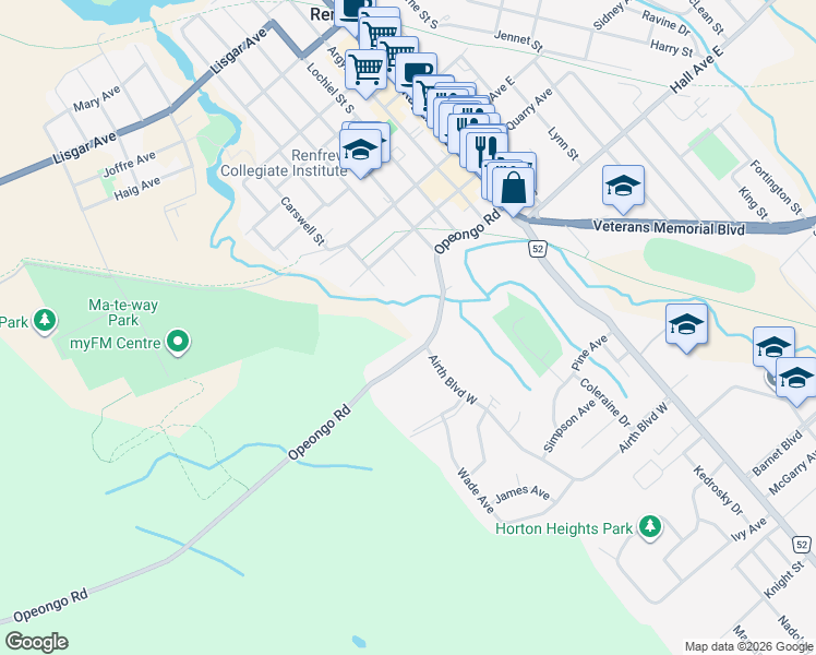 map of restaurants, bars, coffee shops, grocery stores, and more near 200 Opeongo Road in Renfrew