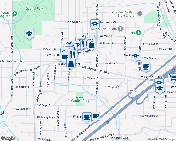 map of restaurants, bars, coffee shops, grocery stores, and more near 8023 Southwest 31st Avenue in Portland