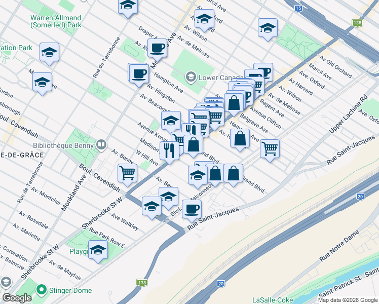 map of restaurants, bars, coffee shops, grocery stores, and more near 6220 Sherbrooke Street West in Montreal