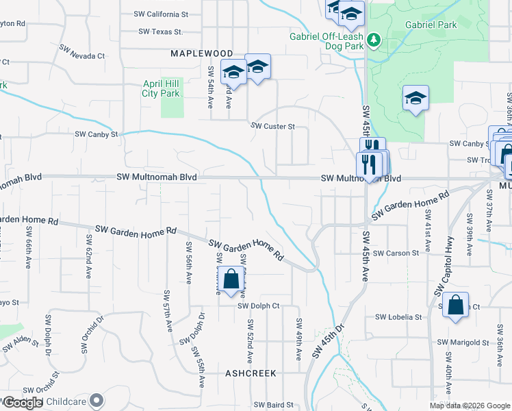 map of restaurants, bars, coffee shops, grocery stores, and more near 5130-5156 Southwest Multnomah Boulevard in Portland