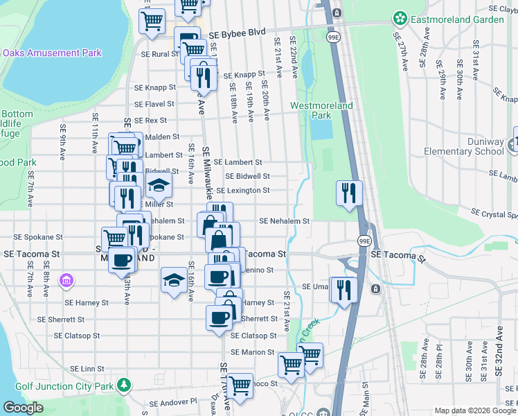 map of restaurants, bars, coffee shops, grocery stores, and more near 7956 Southeast 19th Avenue in Portland