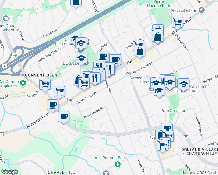 map of restaurants, bars, coffee shops, grocery stores, and more near 1367 Boyer Road in Ottawa