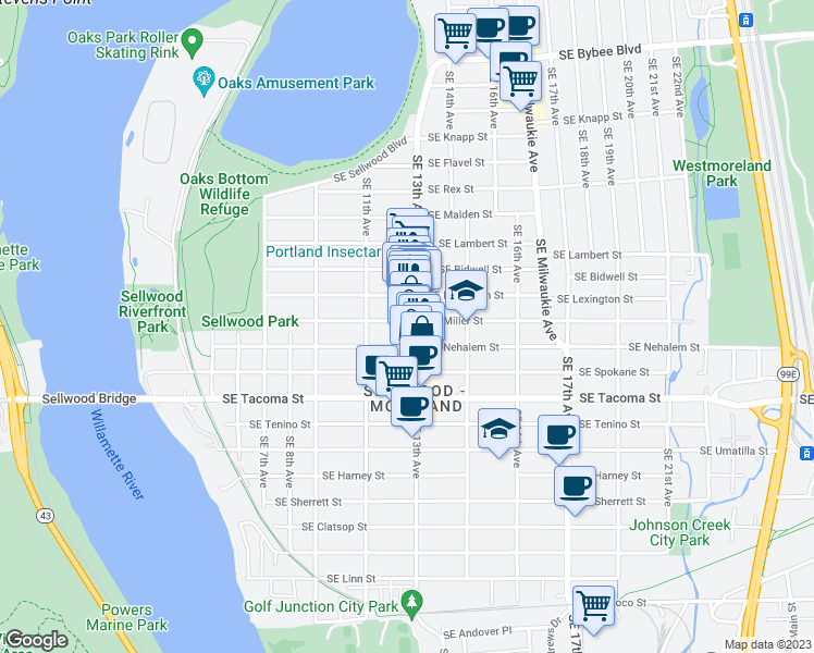 map of restaurants, bars, coffee shops, grocery stores, and more near 7937 Southeast 13th Avenue in Portland