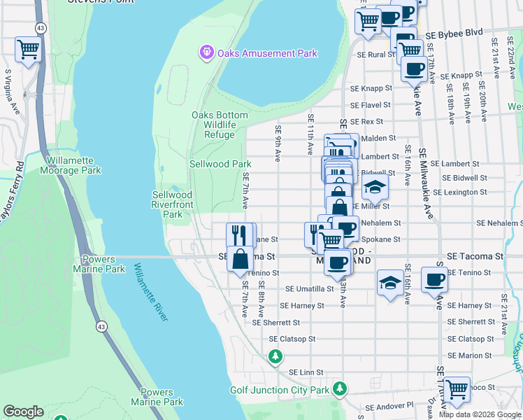 map of restaurants, bars, coffee shops, grocery stores, and more near 775 Southeast Miller Street in Portland