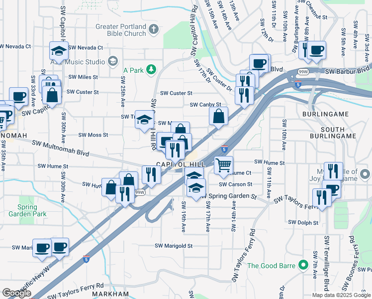 map of restaurants, bars, coffee shops, grocery stores, and more near in Portland