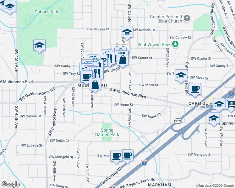 map of restaurants, bars, coffee shops, grocery stores, and more near 8023 Southwest 31st Avenue in Portland