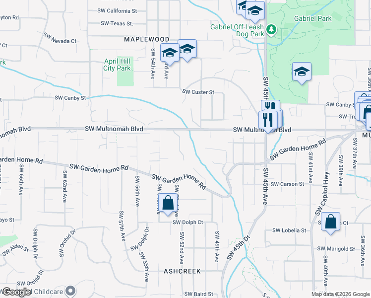 map of restaurants, bars, coffee shops, grocery stores, and more near 5130-5156 Southwest Multnomah Boulevard in Portland