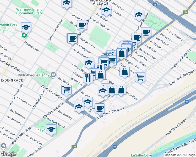 map of restaurants, bars, coffee shops, grocery stores, and more near 6220 Rue Sherbrooke Ouest in Montréal