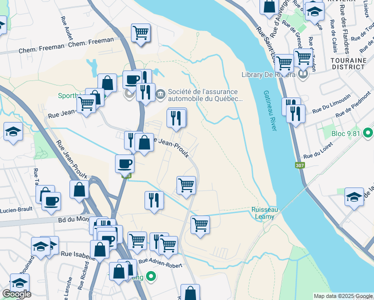 map of restaurants, bars, coffee shops, grocery stores, and more near 130 Rue Jean Proulx in Gatineau