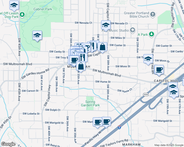 map of restaurants, bars, coffee shops, grocery stores, and more near 3309 Southwest Falcon Street in Portland