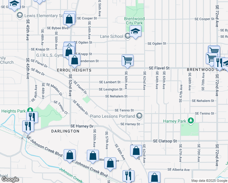 map of restaurants, bars, coffee shops, grocery stores, and more near 5740 Southeast Lexington Street in Portland