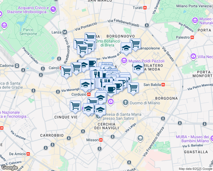 map of restaurants, bars, coffee shops, grocery stores, and more near 16 Via Santa Margherita in Milano