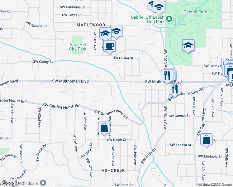 map of restaurants, bars, coffee shops, grocery stores, and more near 5130-5156 Southwest Multnomah Boulevard in Portland