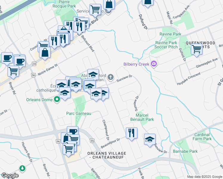 map of restaurants, bars, coffee shops, grocery stores, and more near 1611 Belcourt Boulevard in Ottawa