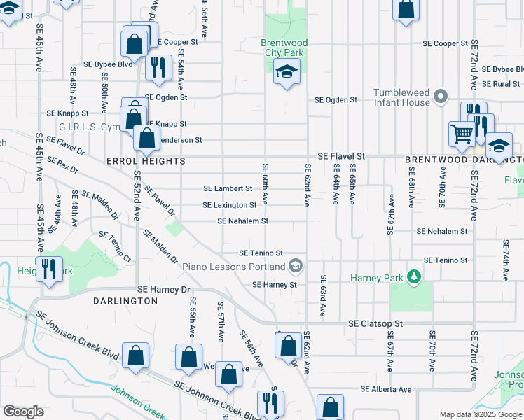 map of restaurants, bars, coffee shops, grocery stores, and more near 5936 Southeast Lexington Street in Portland
