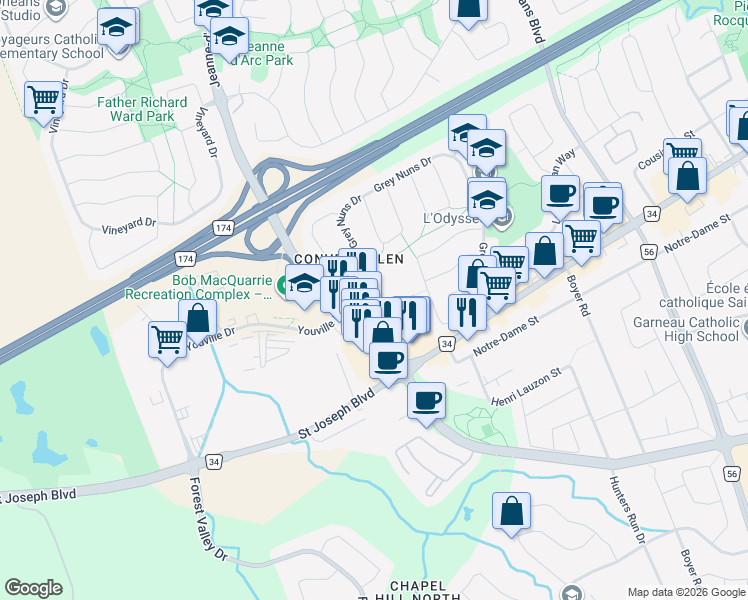 map of restaurants, bars, coffee shops, grocery stores, and more near 6143 Brookside Lane in Ottawa