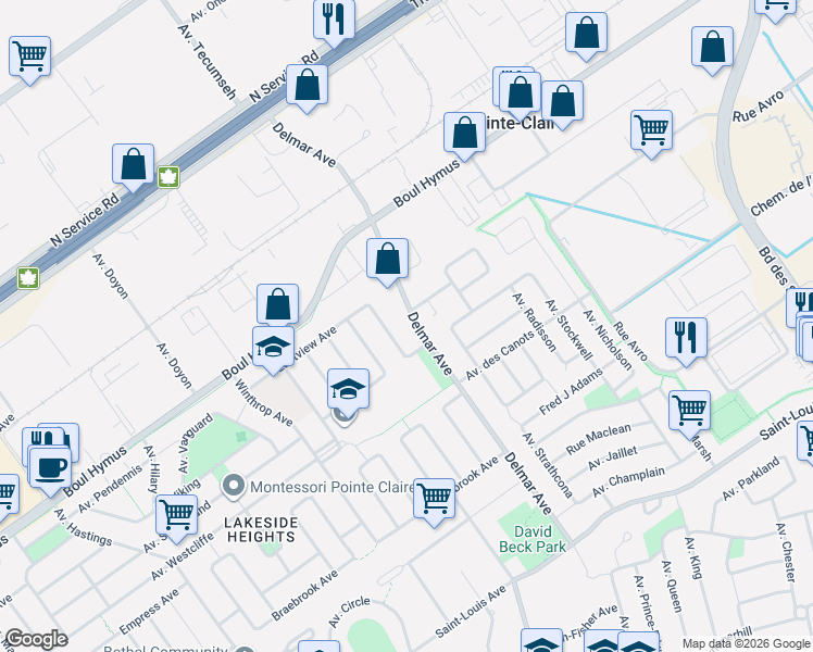 map of restaurants, bars, coffee shops, grocery stores, and more near 498 Avenue Delmar in Pointe-Claire