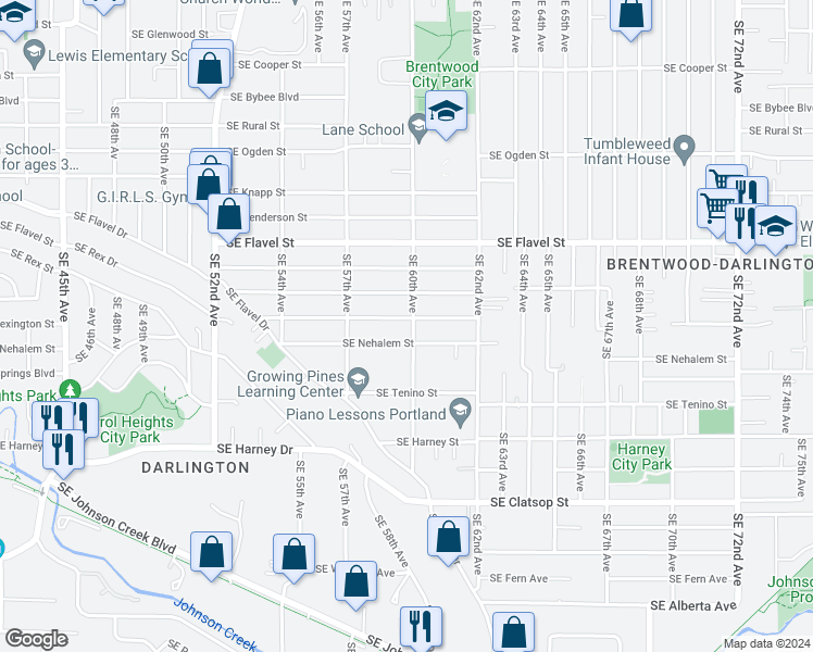 map of restaurants, bars, coffee shops, grocery stores, and more near 5936 Southeast Lexington Street in Portland