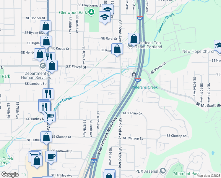 map of restaurants, bars, coffee shops, grocery stores, and more near 7835 Southeast 92nd Avenue in Portland