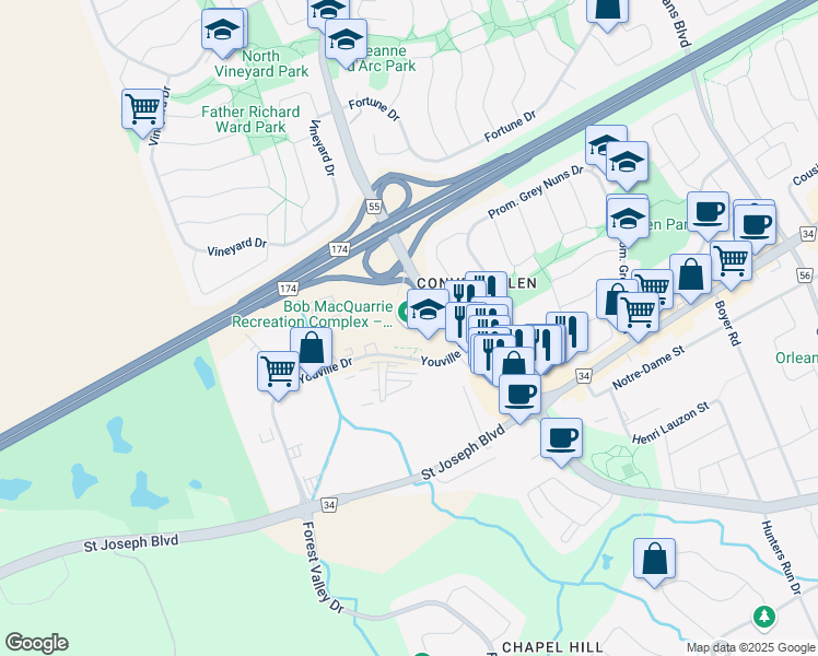 map of restaurants, bars, coffee shops, grocery stores, and more near 1490 Youville Drive in Ottawa
