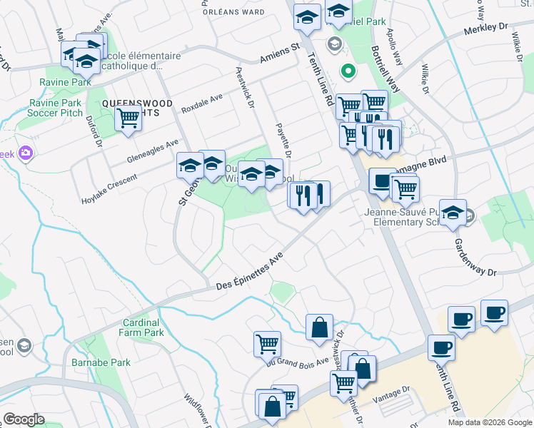map of restaurants, bars, coffee shops, grocery stores, and more near 1624 Prestwick Drive in Ottawa