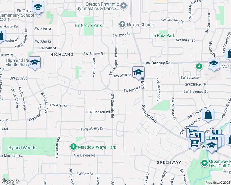 map of restaurants, bars, coffee shops, grocery stores, and more near 12740 Southwest Hart Road in Beaverton