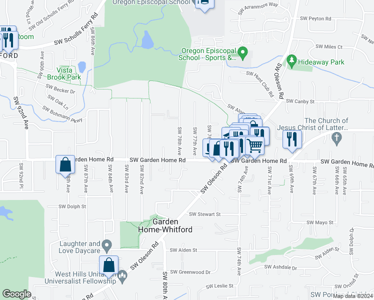 map of restaurants, bars, coffee shops, grocery stores, and more near 7440 Southwest 78th Avenue in Portland
