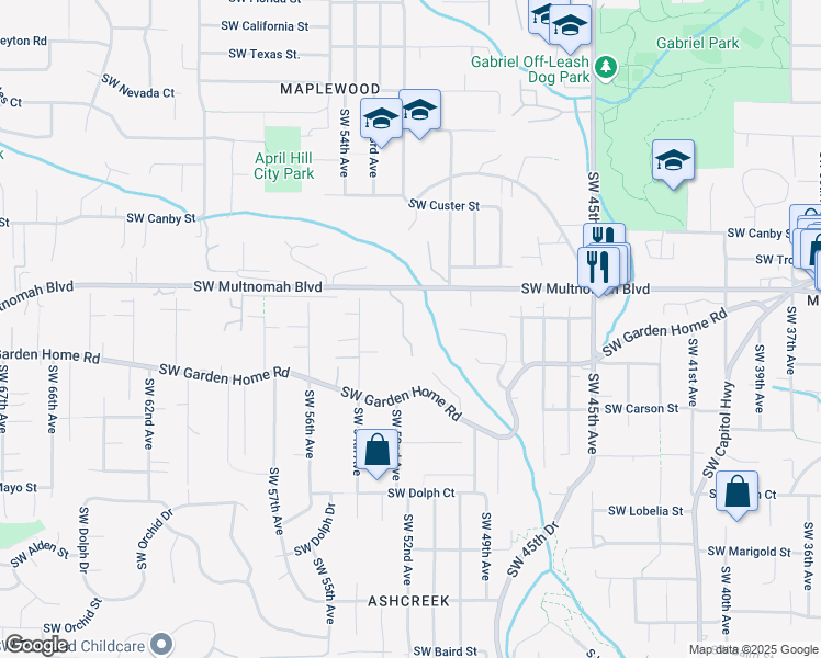 map of restaurants, bars, coffee shops, grocery stores, and more near 5142 Southwest Multnomah Boulevard in Portland