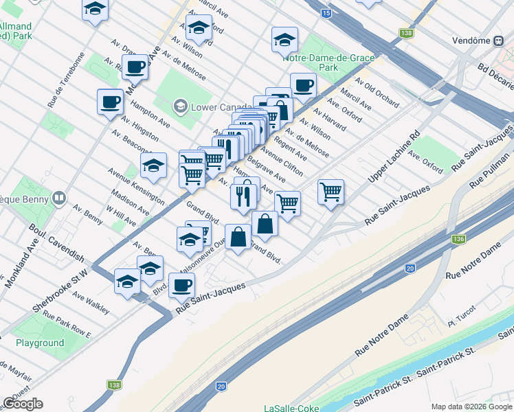map of restaurants, bars, coffee shops, grocery stores, and more near 2218 Avenue Hingston in Montréal
