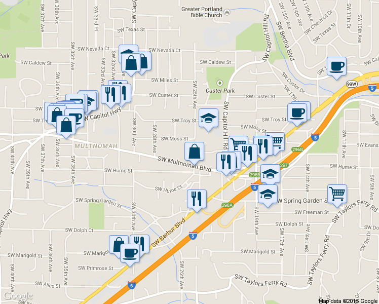 map of restaurants, bars, coffee shops, grocery stores, and more near 8033 Southwest 25th Avenue in Portland