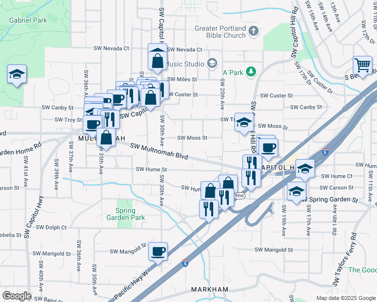map of restaurants, bars, coffee shops, grocery stores, and more near 7952 Southwest 28th Avenue in Portland