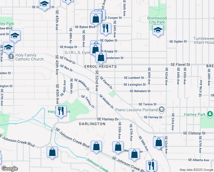 map of restaurants, bars, coffee shops, grocery stores, and more near 5320 Southeast Flavel Drive in Portland
