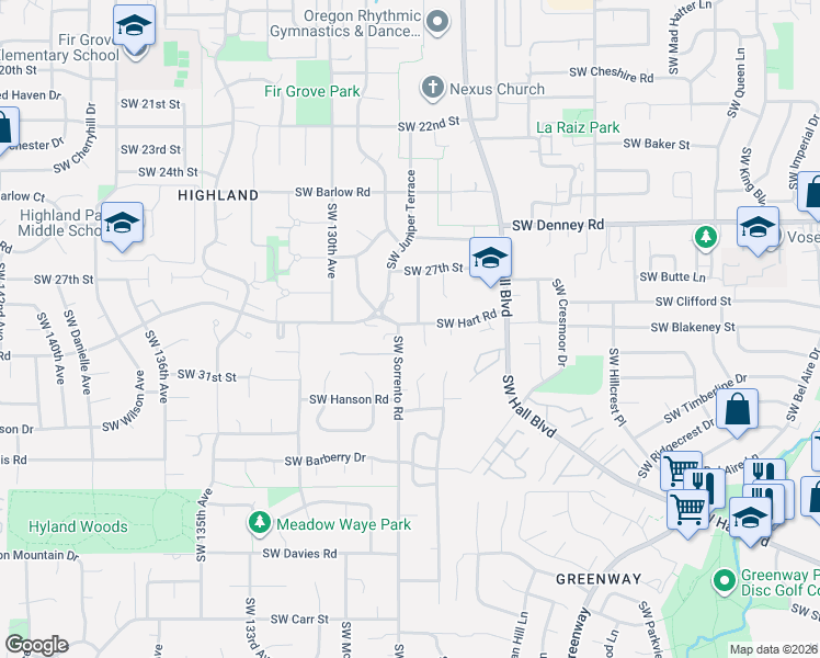 map of restaurants, bars, coffee shops, grocery stores, and more near 12740 Southwest Hart Road in Beaverton