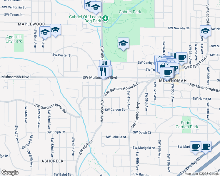 map of restaurants, bars, coffee shops, grocery stores, and more near 8010 Southwest 45th Avenue in Portland