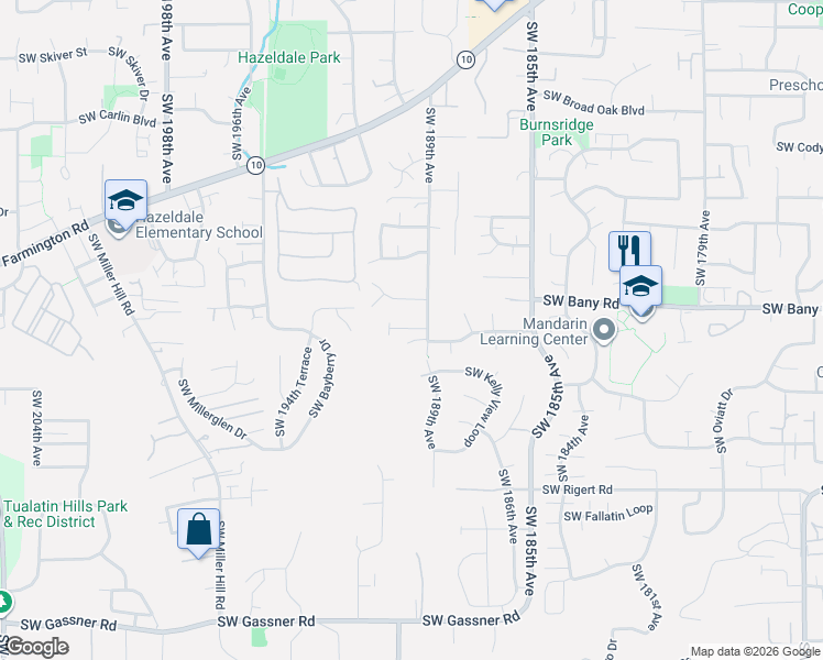 map of restaurants, bars, coffee shops, grocery stores, and more near 7385 Southwest 189th Avenue in Beaverton
