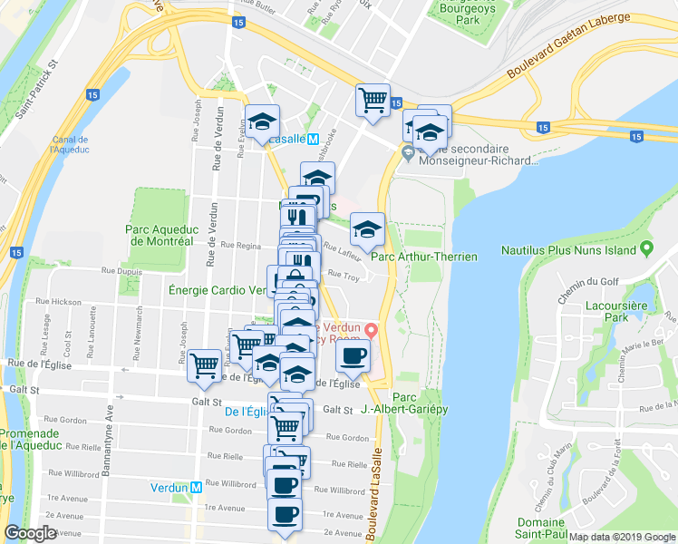 map of restaurants, bars, coffee shops, grocery stores, and more near 79 Rue Troy in Montréal
